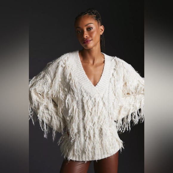 Anthropologie Fringed Pullover Knit Sweater Sequin Fringe in Ivory Large EUC - Picture 1 of 16